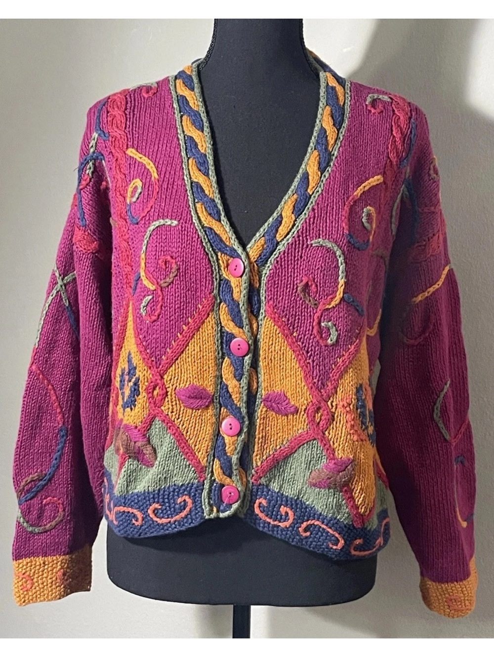 Vintage Nordstrom Exclusive Hand Knit Cardigan Sweater Pink Artsy Boho Small S